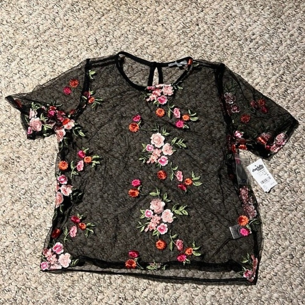 New with tags sheer mesh floral embroidery top